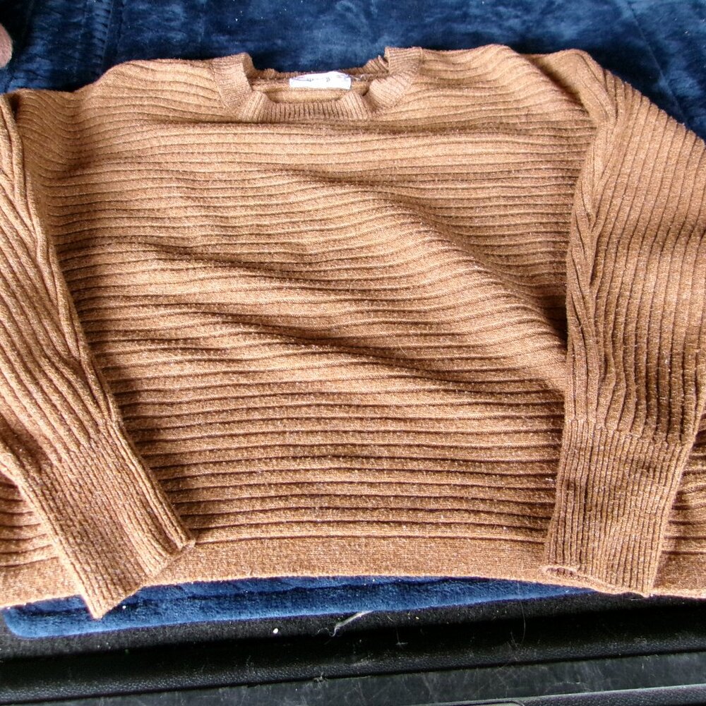 Pink Rose Womens Ladies Pullover Knit Crewneck Sweater Medium Brown Tan Beige